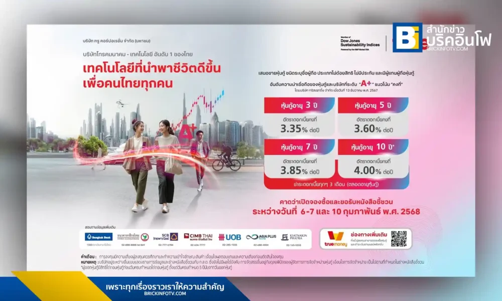 ทรู คอร์ปอเรชั่น เสนอขายหุ้นกู้ 4 ชุดใหม่ อายุ 3 - 10 ปี ดอกเบี้ย 3.35 - 4.00% ต่อปี จองซื้อผ่าน 7 สถาบันการเงินชั้นนำ และ TrueMoney Wallet