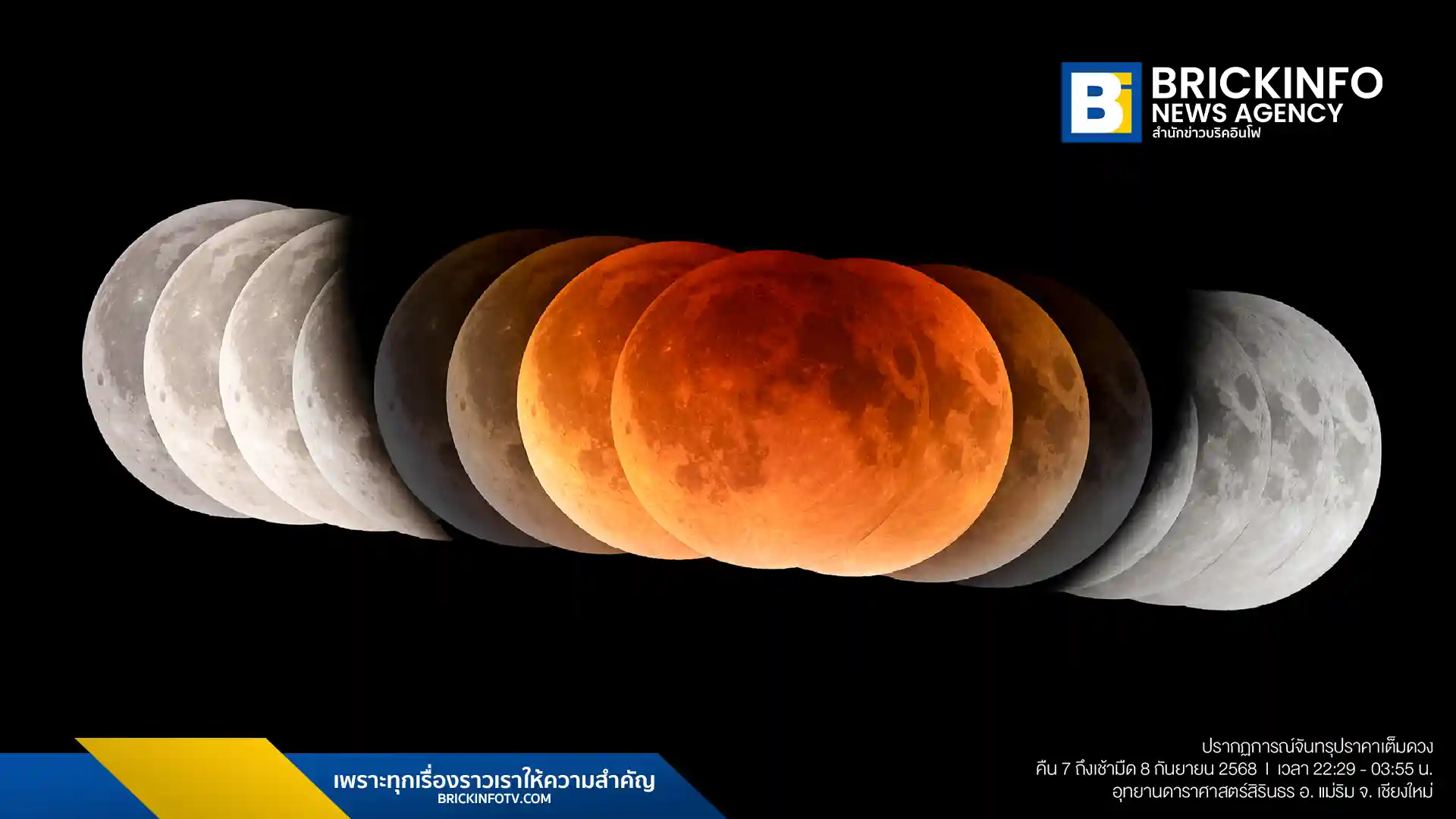 สถาบันวิจัยดาราศาสตร์แห่งชาติ หรือ NARIT เผยภาพชุดลำดับปรากฏการณ์จันทรุปราคาเต็มดวง เหนือฟ้าจังหวัดเชียงใหม่ บันทึกภาพตั้งแต่วันที่ 7-8 กันยายน 2568 พร้อมอธิบายปรากฏการณ์ที่จะเกิดขึ้นในเดือนกันยายนนี้อีกครั้ง
