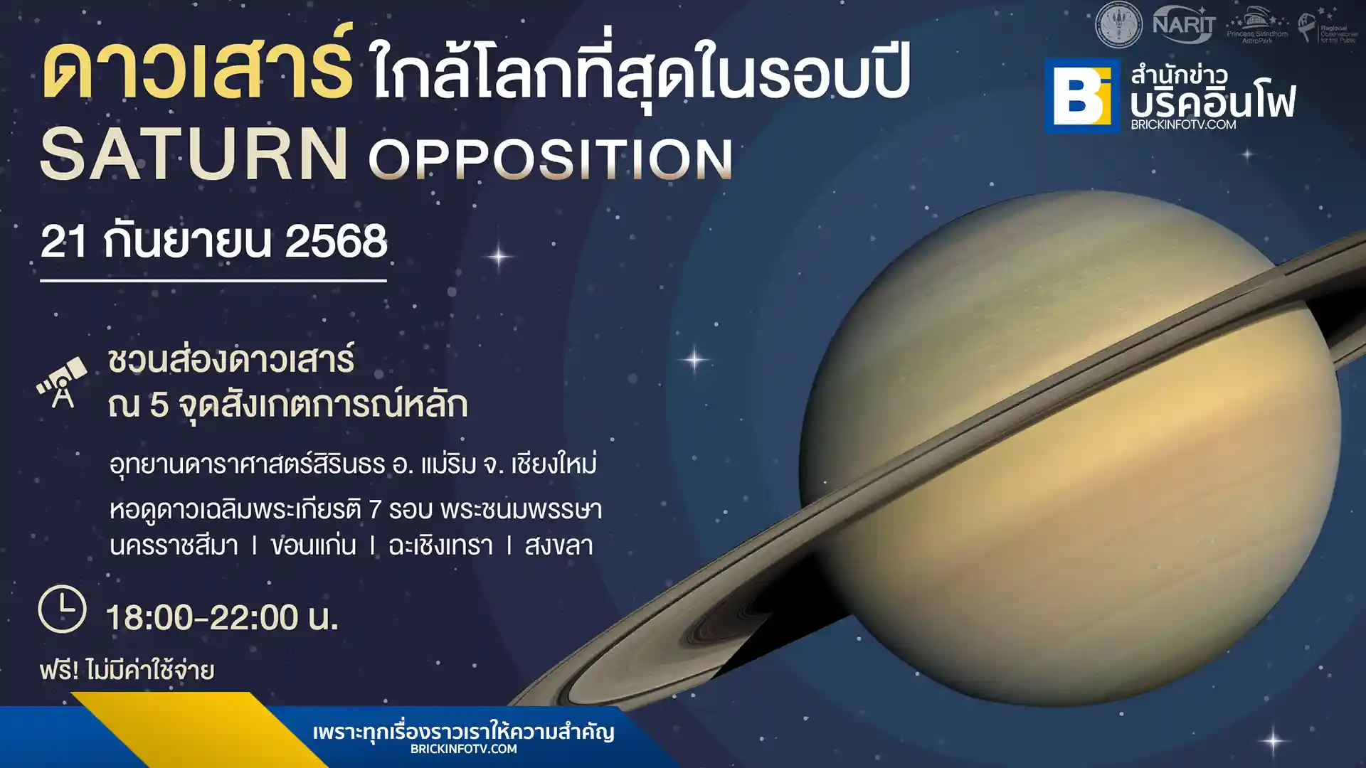 สถาบันวิจัยดาราศาสตร์แห่งชาติ (NARIT) เผยวันที่ 21 กันยายน 2568 เป็นช่วงที่ดาวเสาร์จะโคจรมาใกล้โลกที่สุดในรอบปี ทำให้มองเห็นได้ชัดเจนด้วยตาเปล่า พร้อมจัดกิจกรรมชวนคนไทยร่วมชมปรากฏการณ์ใน 5 จุดสังเกตการณ์