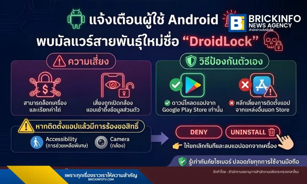 กระทรวงดิจิทัลฯ แจ้งเตือนผู้ใช้ Android ระวังมัลแวร์ DroidLock สายพันธุ์ใหม่ มีฤทธิ์ล็อกเครื่องเรียกค่าไถ่ แอบเข้าถึงข้อมูลและเปิดกล้อง แนะวิธีป้องกันและจุดสังเกตก่อนตกเป็นเหยื่อ