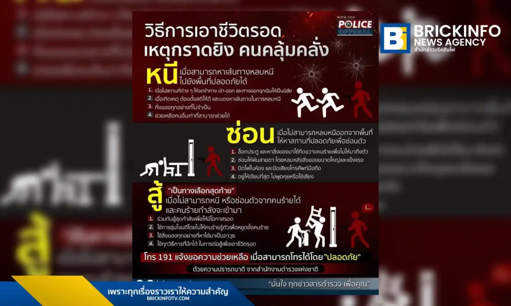 เรียนรู้วิธีเอาตัวรอดจากเหตุกราดยิงและคนคลุ้มคลั่งด้วยหลักการ หนี-ซ่อน-สู้ จากสำนักงานตำรวจแห่งชาติ พร้อมขั้นตอนการแจ้งเหตุฉุกเฉิน 191 เพื่อความปลอดภัยในสถานการณ์วิกฤต