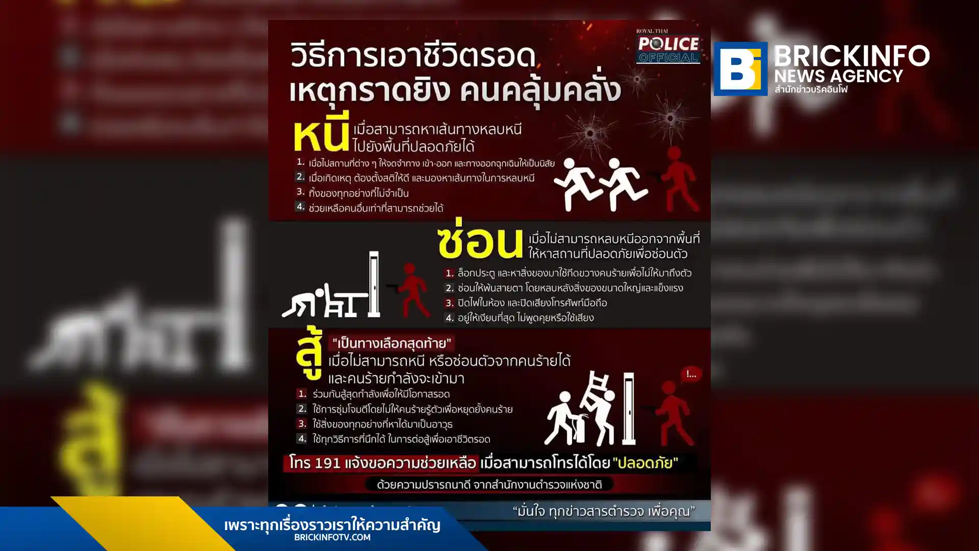เรียนรู้วิธีเอาตัวรอดจากเหตุกราดยิงและคนคลุ้มคลั่งด้วยหลักการ หนี-ซ่อน-สู้ จากสำนักงานตำรวจแห่งชาติ พร้อมขั้นตอนการแจ้งเหตุฉุกเฉิน 191 เพื่อความปลอดภัยในสถานการณ์วิกฤต