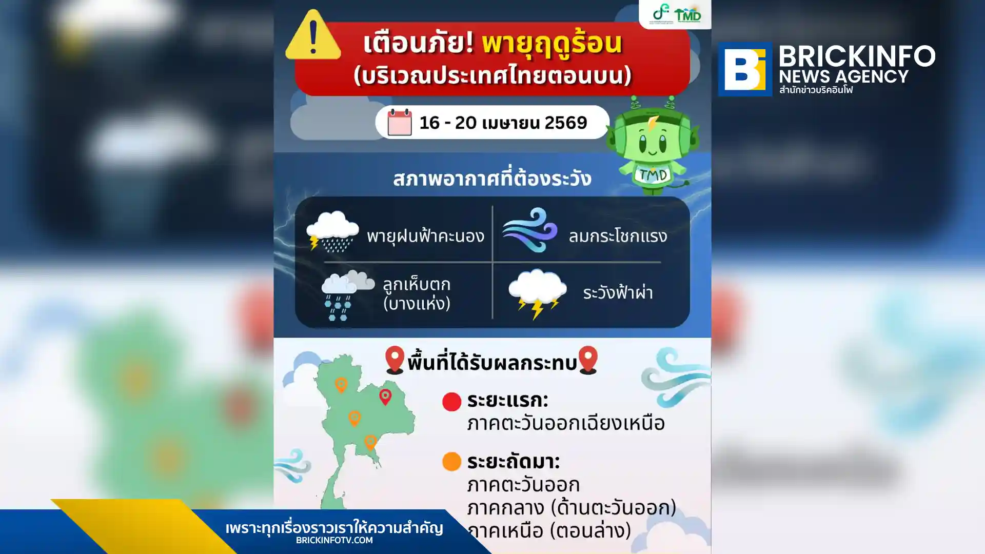 กรมอุตุนิยมวิทยา เตือนไทยตอนบนรับมือ พายุฤดูร้อน ช่วงวันที่ 16-20 เมษายน 2569 เตรียมเจอฝนฟ้าคะนอง ลมกระโชกแรง และลูกเห็บตก เริ่มจากอีสานก่อนแผ่เข้าภาคกลางและภาคเหนือ
