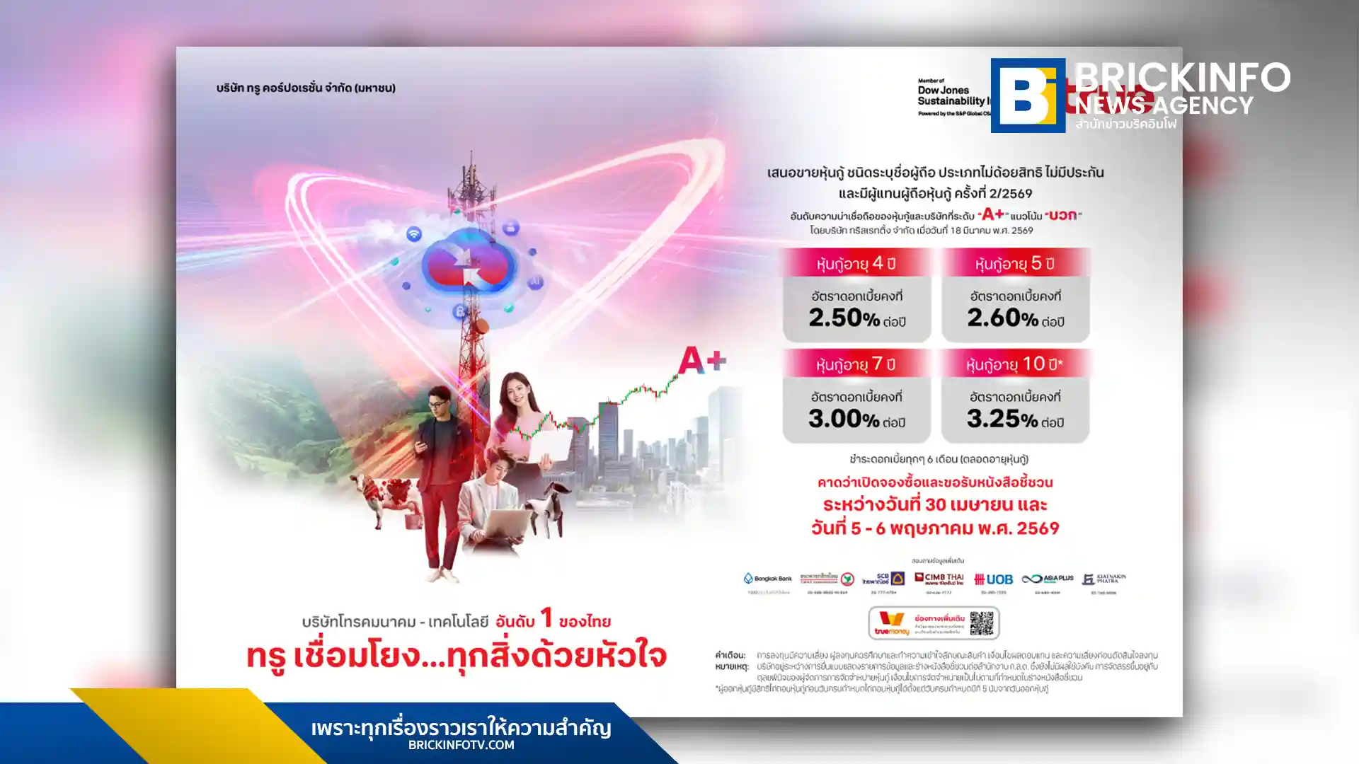 ทรู คอร์ปอเรชั่น (True Corporation) เปิดตัวหุ้นกู้ชุดใหม่ 4 รุ่น อายุ 4-10 ปี ชูอัตราดอกเบี้ยสูงสุด 3.25% ต่อปี อันดับความน่าเชื่อถือ A+ เปิดจองซื้อ 30 เม.ย. และ 5-6 พ.ค. 2569 ผ่าน 7 สถาบันการเงินและ TrueMoney Wallet