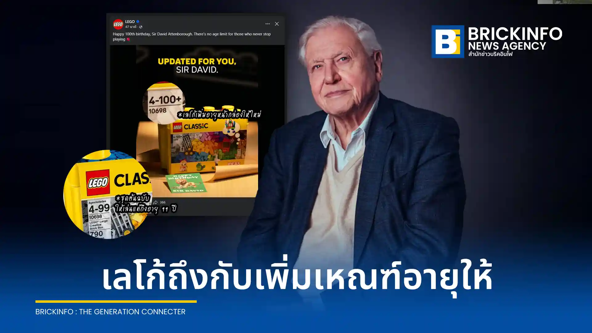 เลโก้ (LEGO) ปรับเกณฑ์อายุหน้ากล่องเป็น 4-100+ ปี รับวันเกิดครบรอบ 100 ปี เซอร์เดวิด แอทเทนเบอระ หลังชาวเน็ตแซวอายุเกินเกณฑ์ 99 ปีที่ระบุไว้บนกล่อง