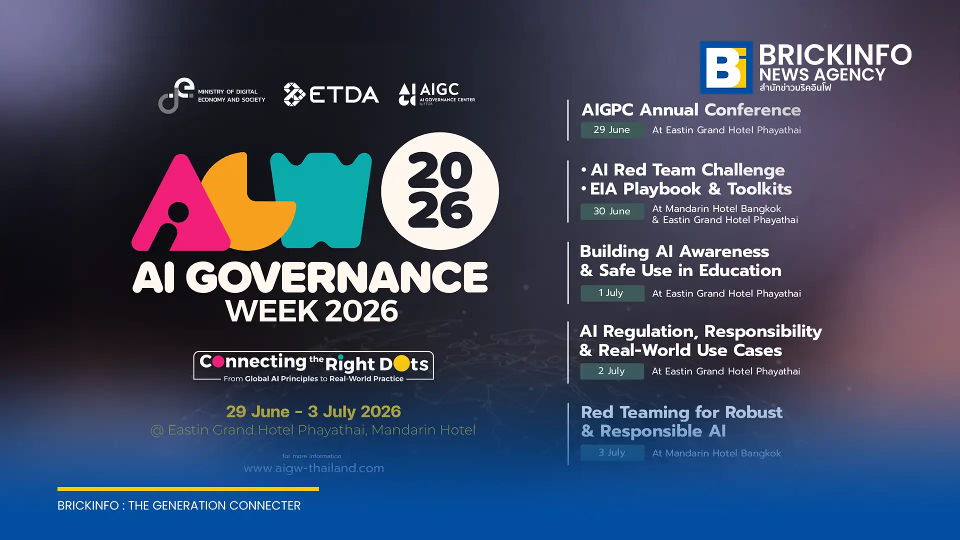 ETDA เตรียมจัดงานใหญ่ AI Governance Week 2026 หรือ AIGW 2026 ดึงผู้เชี่ยวชาญระดับโลก ร่วมขับเคลื่อนธรรมาภิบาลปัญญาประดิษฐ์และ AI Safety สู่การใช้งานจริง วันที่ 29 มิ.ย. - 3 ค.ค. 69 นี้