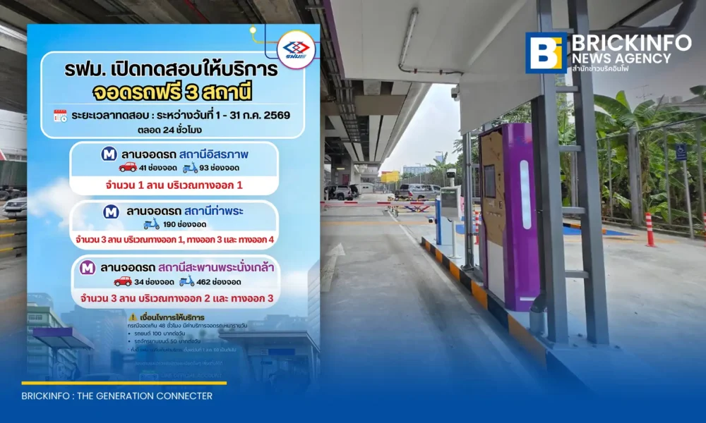 รฟม. เตรียมเปิดทดสอบลานจอดรถ MRT ใหม่ 3 แห่ง ได้แก่ สถานีอิสรภาพ สถานีท่าพระ และสถานีสะพานพระนั่งเกล้า พร้อมให้ทดลองจอดฟรี 48 ชั่วโมงแรก ตลอดเดือนกรกฎาคม 2569