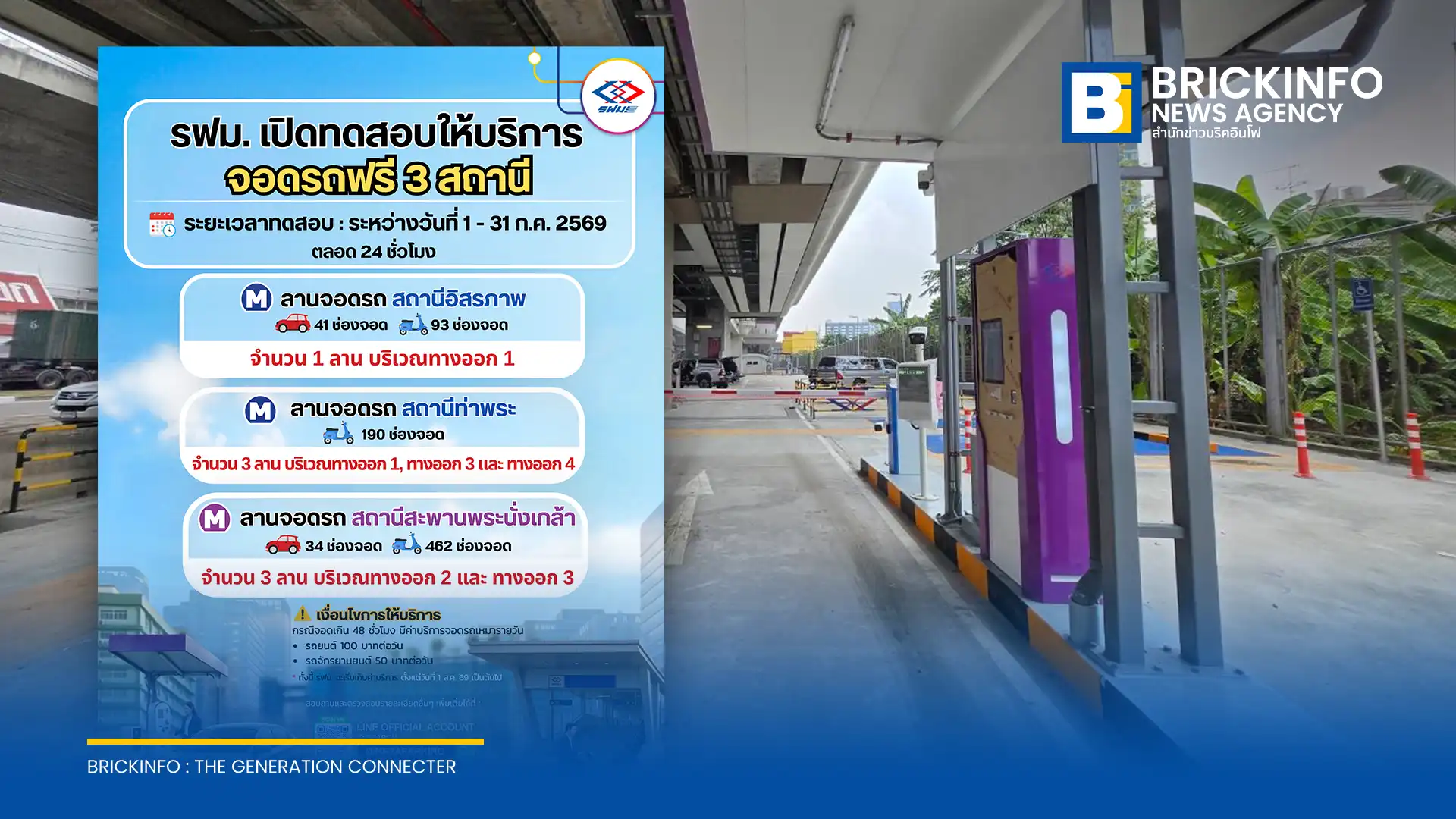 รฟม. เตรียมเปิดทดสอบลานจอดรถ MRT ใหม่ 3 แห่ง ได้แก่ สถานีอิสรภาพ สถานีท่าพระ และสถานีสะพานพระนั่งเกล้า พร้อมให้ทดลองจอดฟรี 48 ชั่วโมงแรก ตลอดเดือนกรกฎาคม 2569