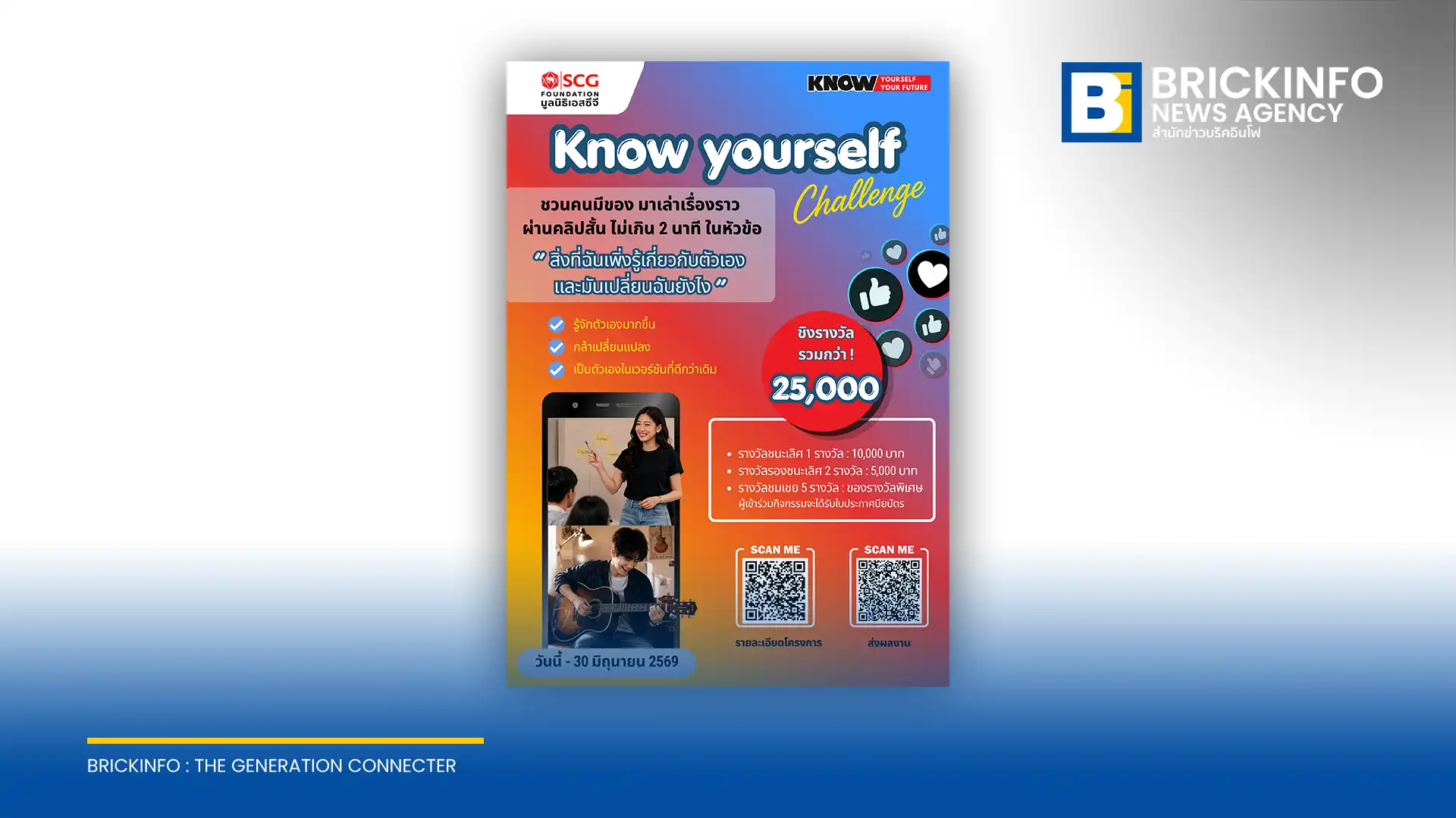 มูลนิธิเอสซีจี SCG Foundation ชวนคนรุ่นใหม่อายุ 13–25 ปี ประกวดคลิปสั้น Know Yourself Challenge ภายใต้หัวข้อการค้นพบตัวเอง ชิงเงินรางวัลรวมกว่า 25,000 บาท เปิดรับผลงานตลอดเดือนมิถุนายน 2569