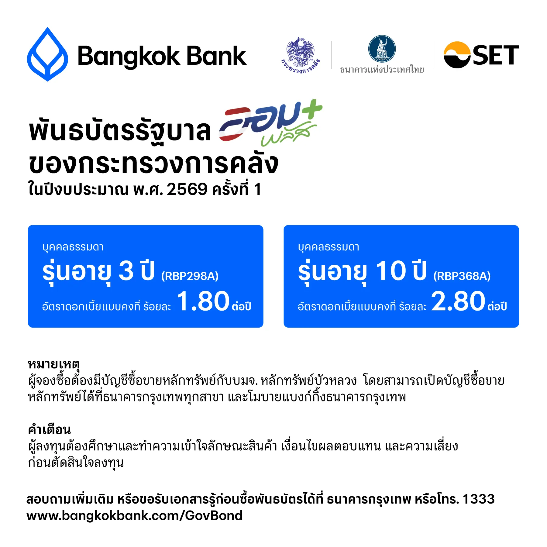 ธนาคารกรุงเทพ เตรียมเปิดจองซื้อพันธบัตรรัฐบาลออมพลัส ปี 2569 รุ่นอายุ 3 ปี และ 10 ปี วงเงินรวม 2,000 ล้านบาท ผ่านสาขาและโมบายแบงก์กิ้ง วันที่ 3–5 สิงหาคมนี้