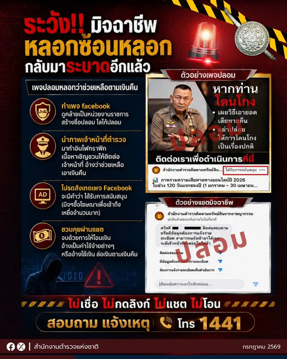 กระทรวงดีอี เตือนภัยมิจฉาชีพสร้างเพจปลอมแอบอ้างเป็นสำนักงานตำรวจแห่งชาติ อ้างช่วยตามเงินคืน หวังหลอกโอนเงินและโจรกรรมข้อมูล