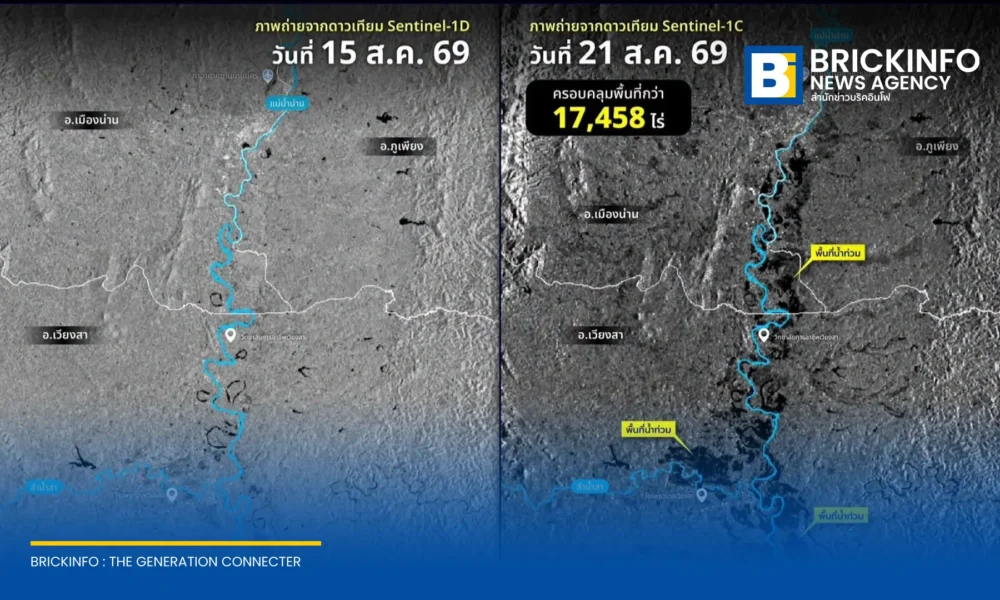 GISTDA เผยภาพดาวเทียม Sentinel-1 เกาะติดสถานการณ์น้ำท่วมน่าน พบมวลน้ำเอ่อล้นแม่น้ำน่านและลำน้ำสา ขยายวงกว้างท่วมขังพื้นที่เวียงสา เมืองน่าน และภูเพียง รวมกว่า 1.7 หมื่นไร่
