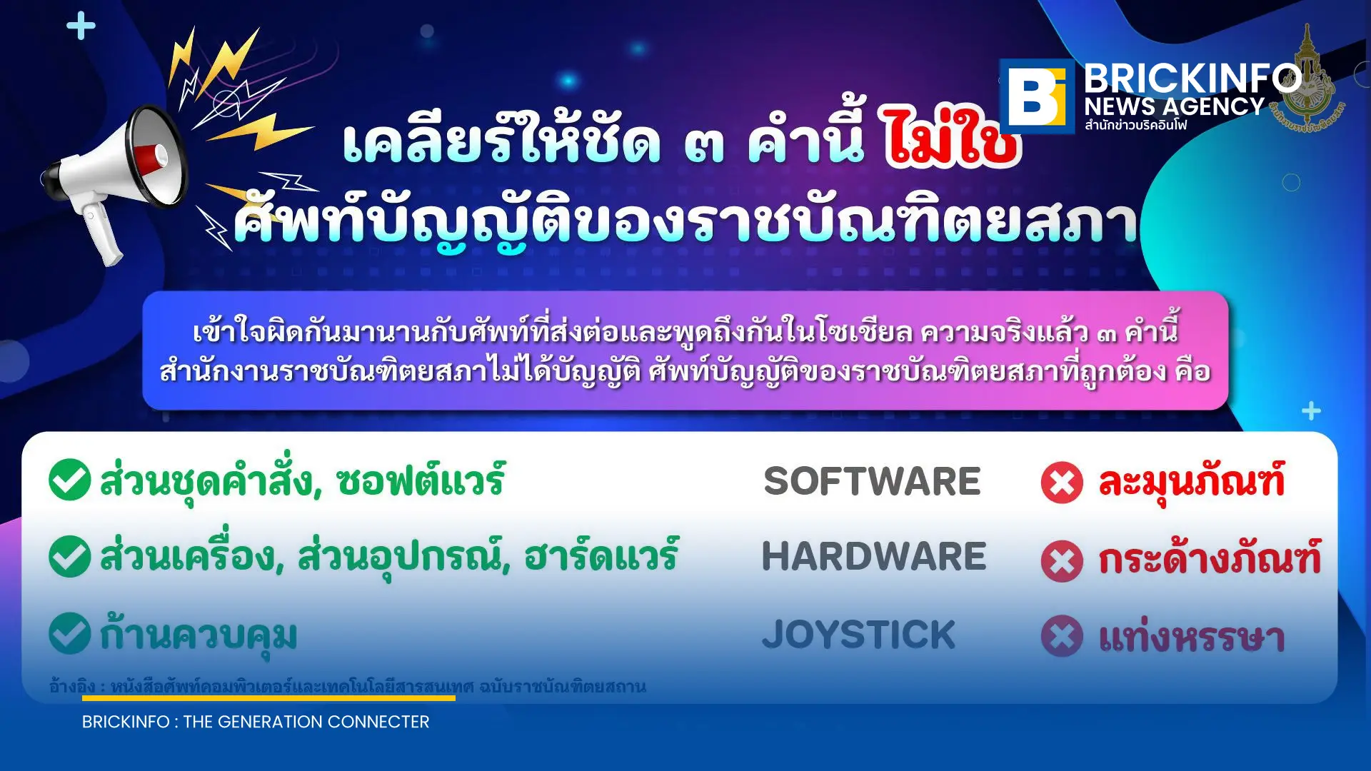 สำนักงานราชบัณฑิตยสภาชี้แจง Fake News คำว่า ละมุนภัณฑ์ กระด้างภัณฑ์ และแท่งหรรษา ไม่ใช่ศัพท์บัญญัติที่ถูกต้อง พร้อมเปิดเผยคำแปลแท้จริงของ Software, Hardware และ Joystick
