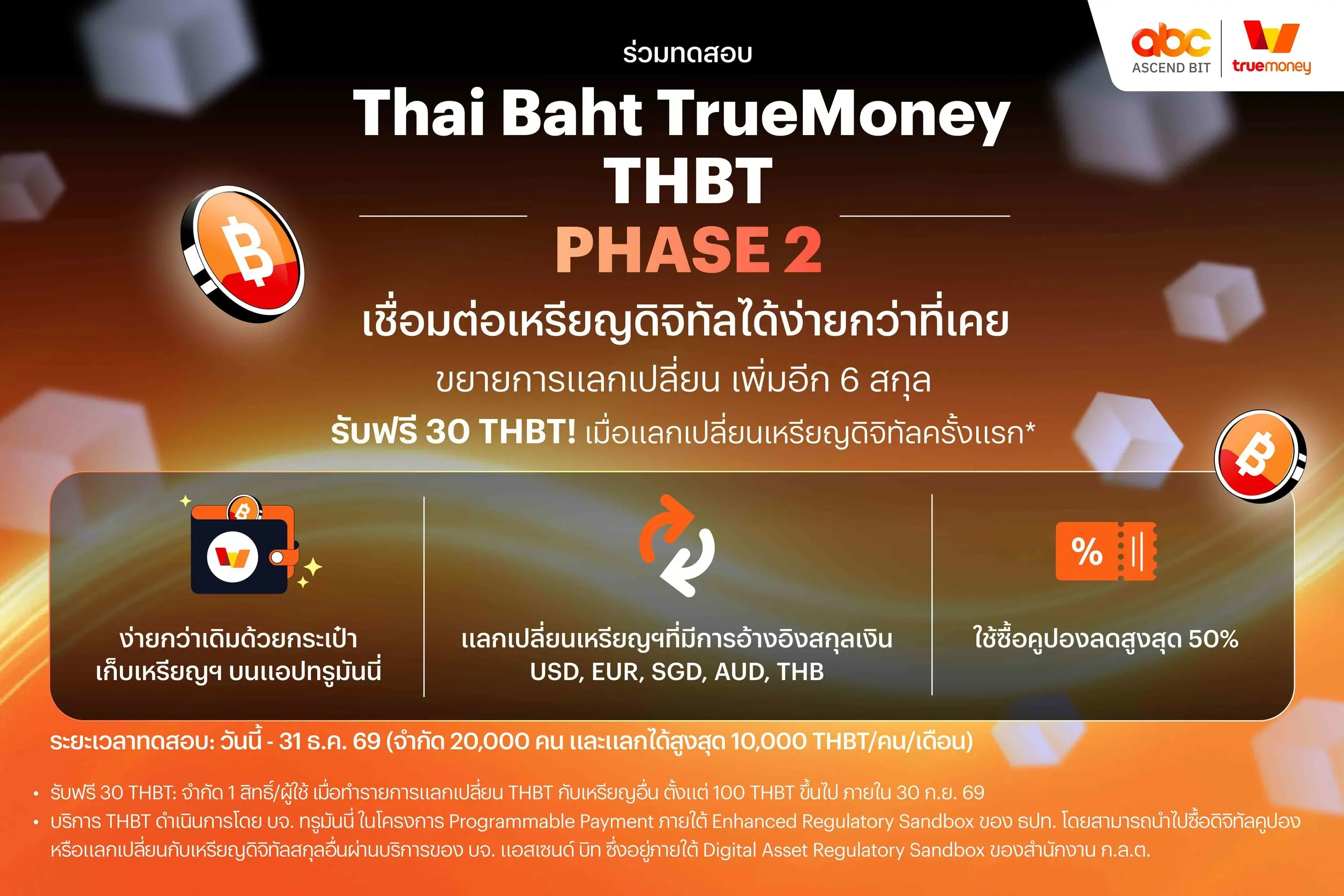 ทรูมันนี่ ขยายการทดสอบโครงการ Thai Baht TrueMoney (THBT) สู่ Phase 2 เพิ่มผู้เข้าร่วมเป็น 20,000 คน พร้อมรองรับการแลกเปลี่ยนเหรียญดิจิทัล 6 สกุล ภายใต้ Regulatory Sandbox