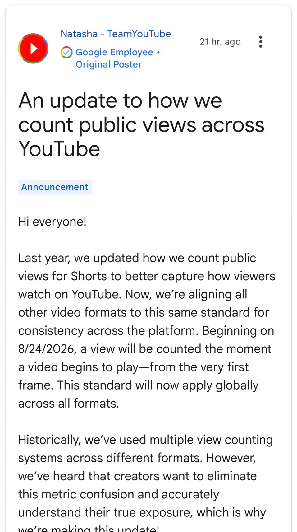 YouTube ประกาศปรับเกณฑ์นับยอดวิวสาธารณะใหม่ เริ่มนับตั้งแต่เฟรมแรกในทุกฟอร์แมตวิดีโอ มีผล 24 สิงหาคม 2026 ยืนยันไม่กระทบระบบสร้างรายได้
