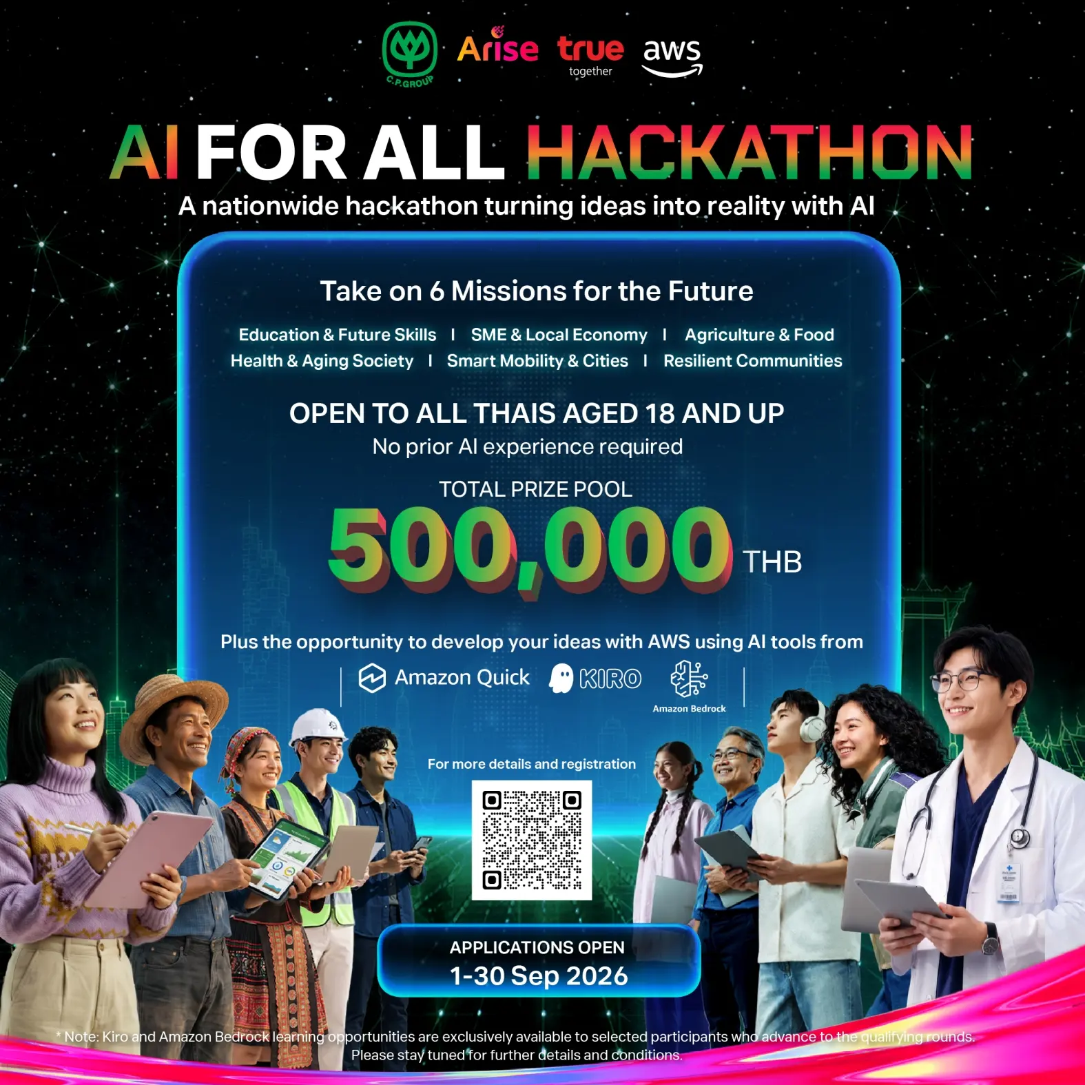 CP Group, Arise Ventures, True, and AWS launch the AI FOR ALL hackathon in Thailand, offering THB 500,000 in prizes. Applications open until September 30, 2026.