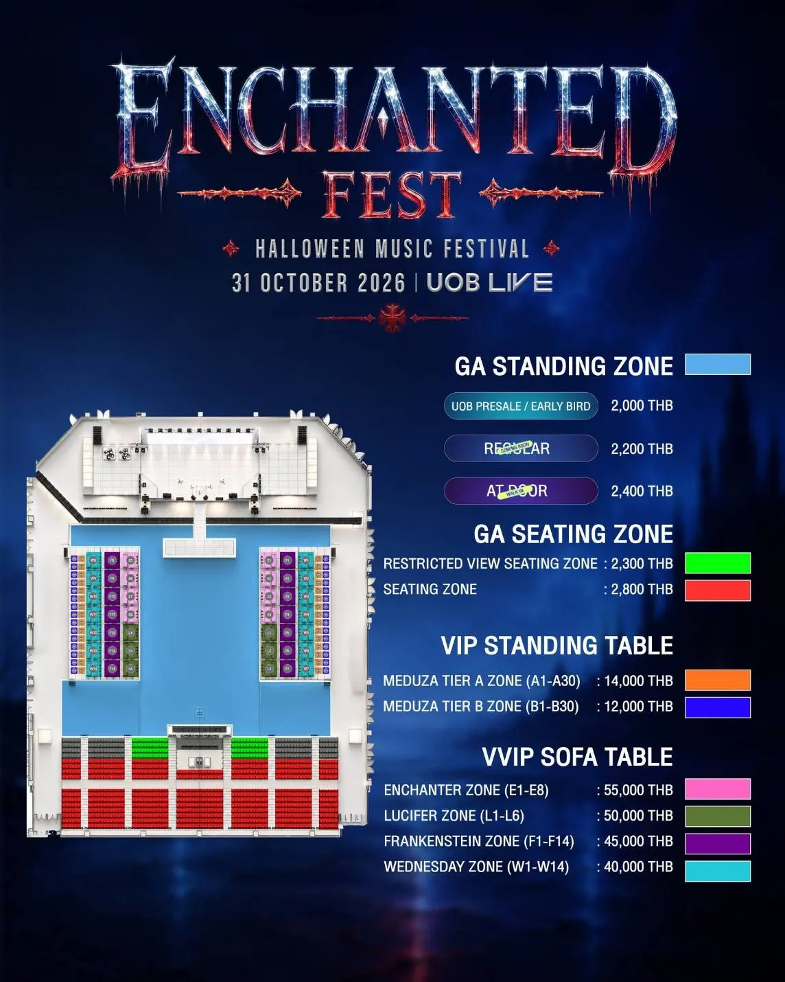ผังโซน GA Standing, GA Seating, VIP Standing และ VVIP Sofa ของงาน ENCHANTED FEST 2026