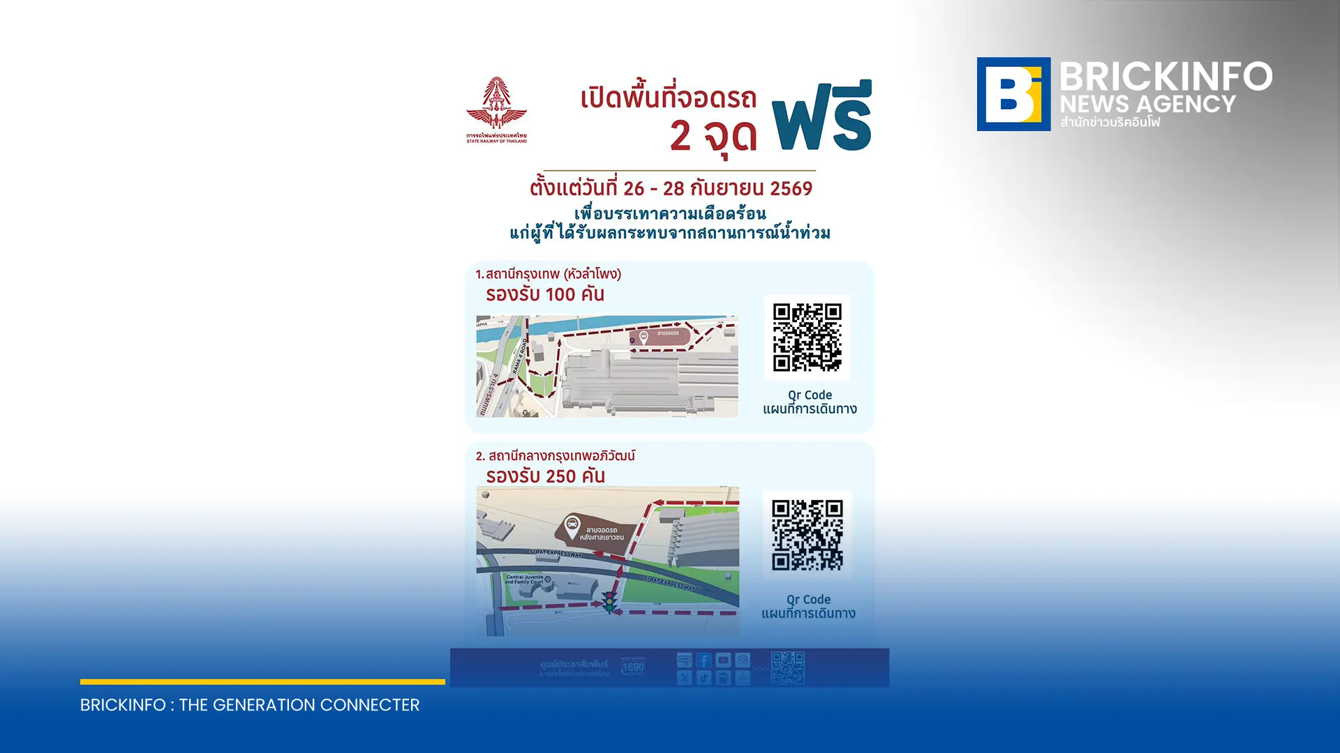 การรถไฟแห่งประเทศไทยเปิดพื้นที่สถานีหัวลำโพงและสถานีกลางกรุงเทพอภิวัฒน์ รองรับรถยนต์ผู้ประสบภัยน้ำท่วมกว่า 300 คัน ตั้งแต่วันที่ 26-28 กันยายน 2569
