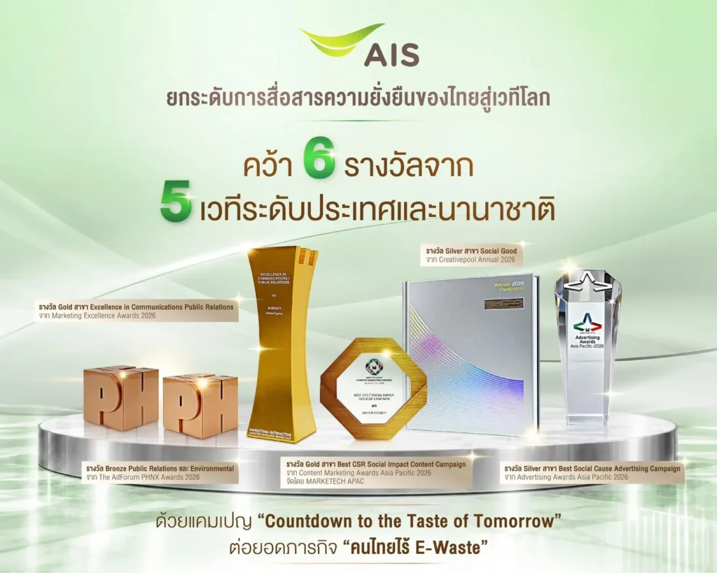 AIS คว้า 6 รางวัลระดับประเทศและนานาชาติ ประจำปี 2026 จากแคมเปญ Countdown to the Taste of Tomorrow ภายใต้โครงการคนไทยไร้ E-Waste เชื่อมโยงปัญหาขยะสู่ห่วงโซ่อาหาร