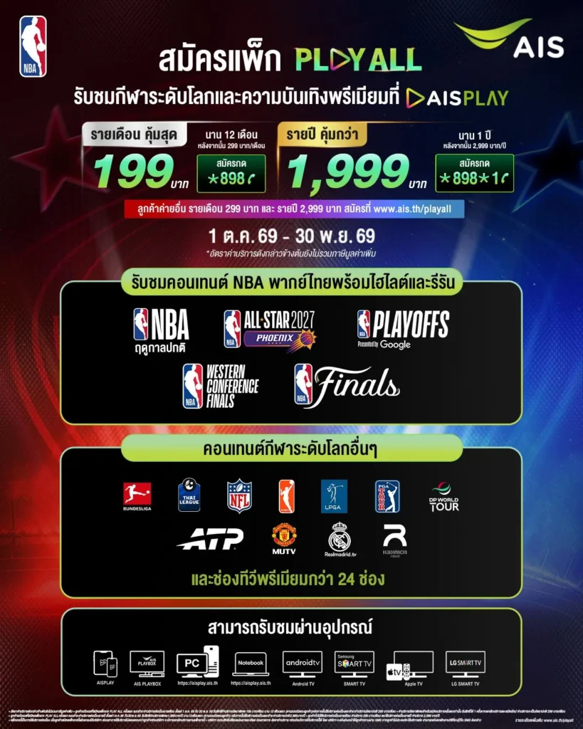 AIS PLAY จับมือ NBA ถ่ายทอดสดบาสเกตบอล NBA ฤดูกาล 2026/27 ผ่านแพ็กเกจ PLAY ALL พร้อมจัดกิจกรรม NBA Fan Zone ที่ EMSPHERE วันที่ 22-25 ตุลาคม 2569