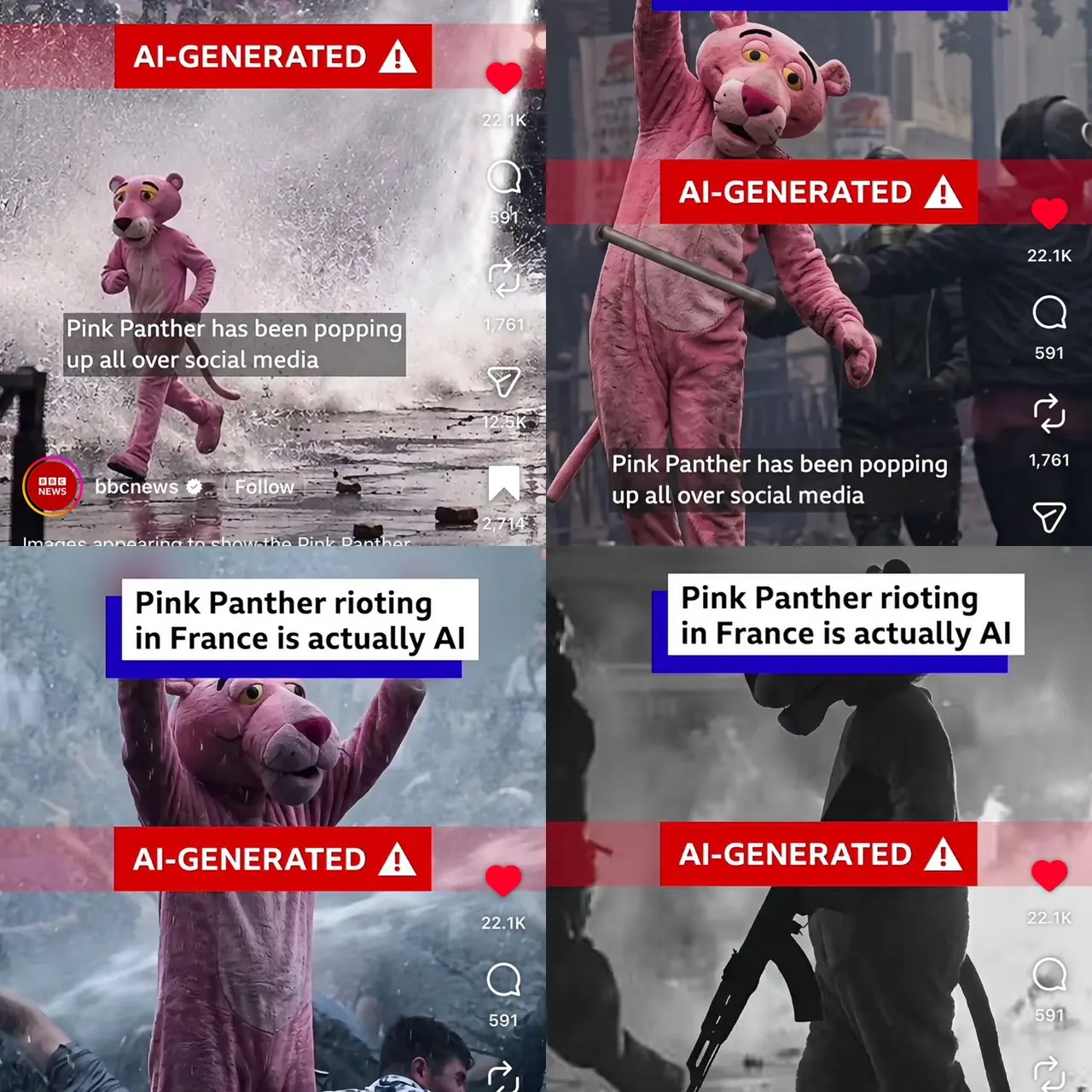 AI or Not และ BBC Verify ยืนยันชุดภาพไวรัล Pink Panther วิ่งหนีรถฉีดน้ำและร่วมม็อบประท้วงในฝรั่งเศส แท้จริงเป็นภาพสร้างจาก AI ทั้งหมด