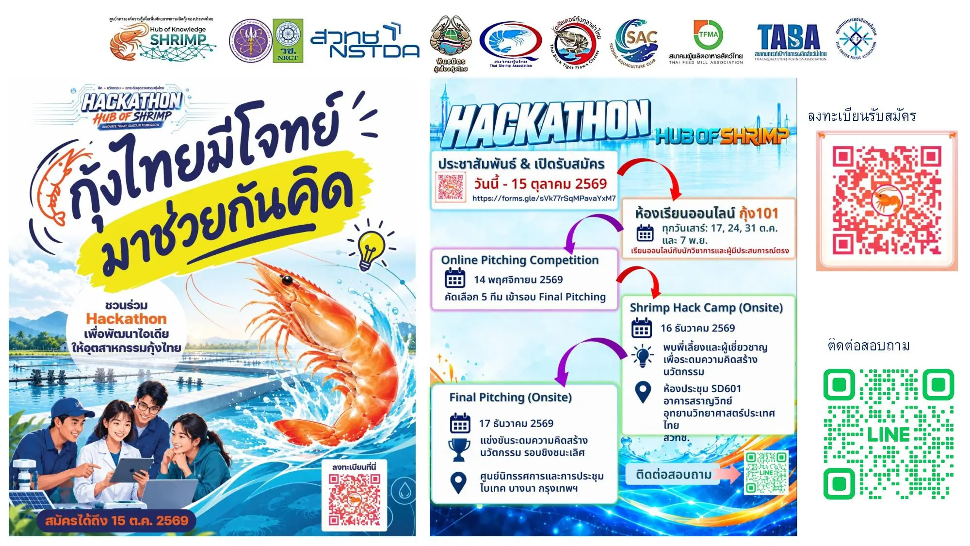 ไบโอเทค สวทช. ร่วมกับภาคีเครือข่ายเปิดรับสมัครแข่งขัน Hub of Shrimp - Hackathon เฟ้นหานวัตกรรมแก้โจทย์อุตสาหกรรมกุ้งไทย ชิงรางวัลรวมกว่า 1 แสนบาท ถึง 15 ต.ค. 2569