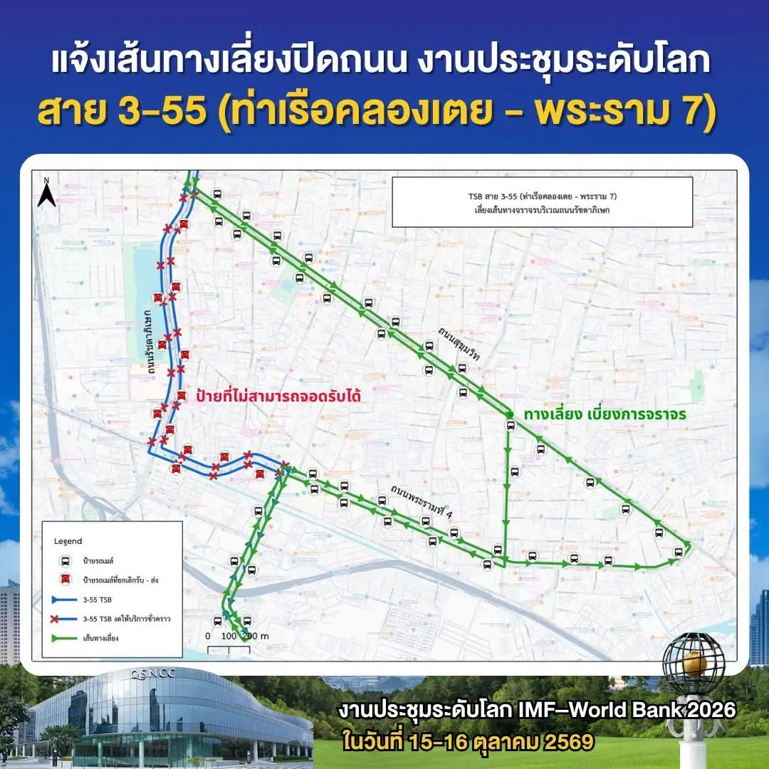 ไทย สมายล์ บัส แจ้งปรับเปลี่ยนเส้นทางเดินรถชั่วคราว 3 สาย ได้แก่ สาย 1-39 (71), 3-54 และ 3-55 วันที่ 15-16 ต.ค. 2569 รองรับการปิดถนนประชุม IMF–World Bank 2026
