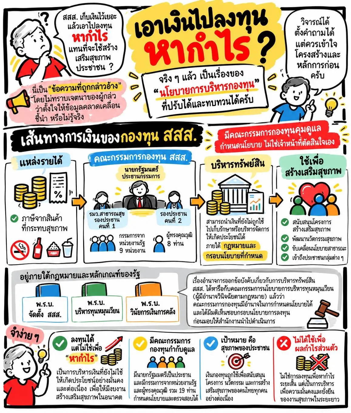 สสส. ชี้แจงแนวทางบริหารเงินสำรอง 1,500-1,700 ล้านบาท ยันทำตามกฎหมายเพื่อรองรับโครงการผูกพัน ไม่ใช่การลงทุนหากำไร พร้อมแจงสัดส่วนงบสนับสนุนรัฐสูงสุด 50%