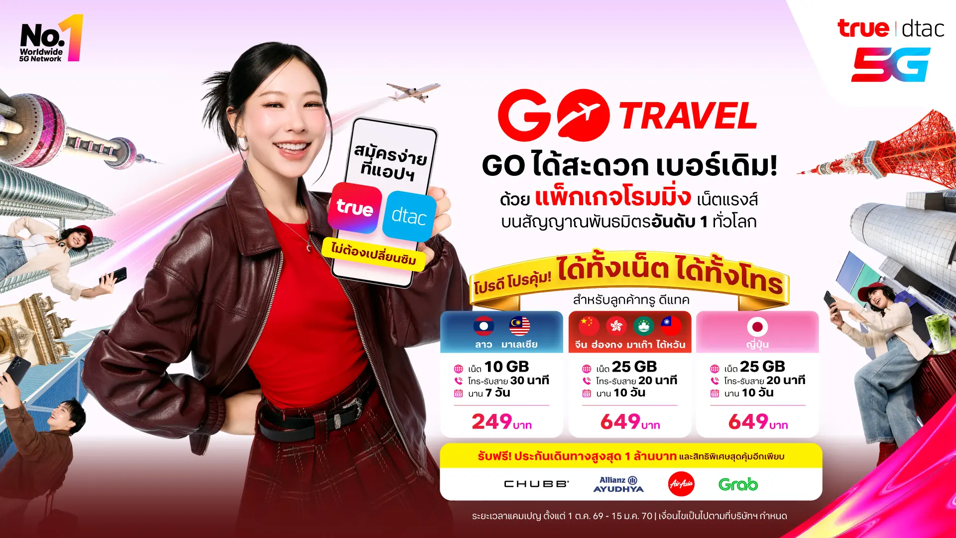 ทรูและดีแทคเปิดตัวแพ็กเกจโรมมิ่ง GO Travel EXTRA ลุยตลาดท่องเที่ยวปลายปี รองรับ 5G ญี่ปุ่น จีน ลาว มาเลเซีย พร้อมประกันการเดินทางจาก Chubb คุ้มครองสูงสุด 1 ล้านบาท